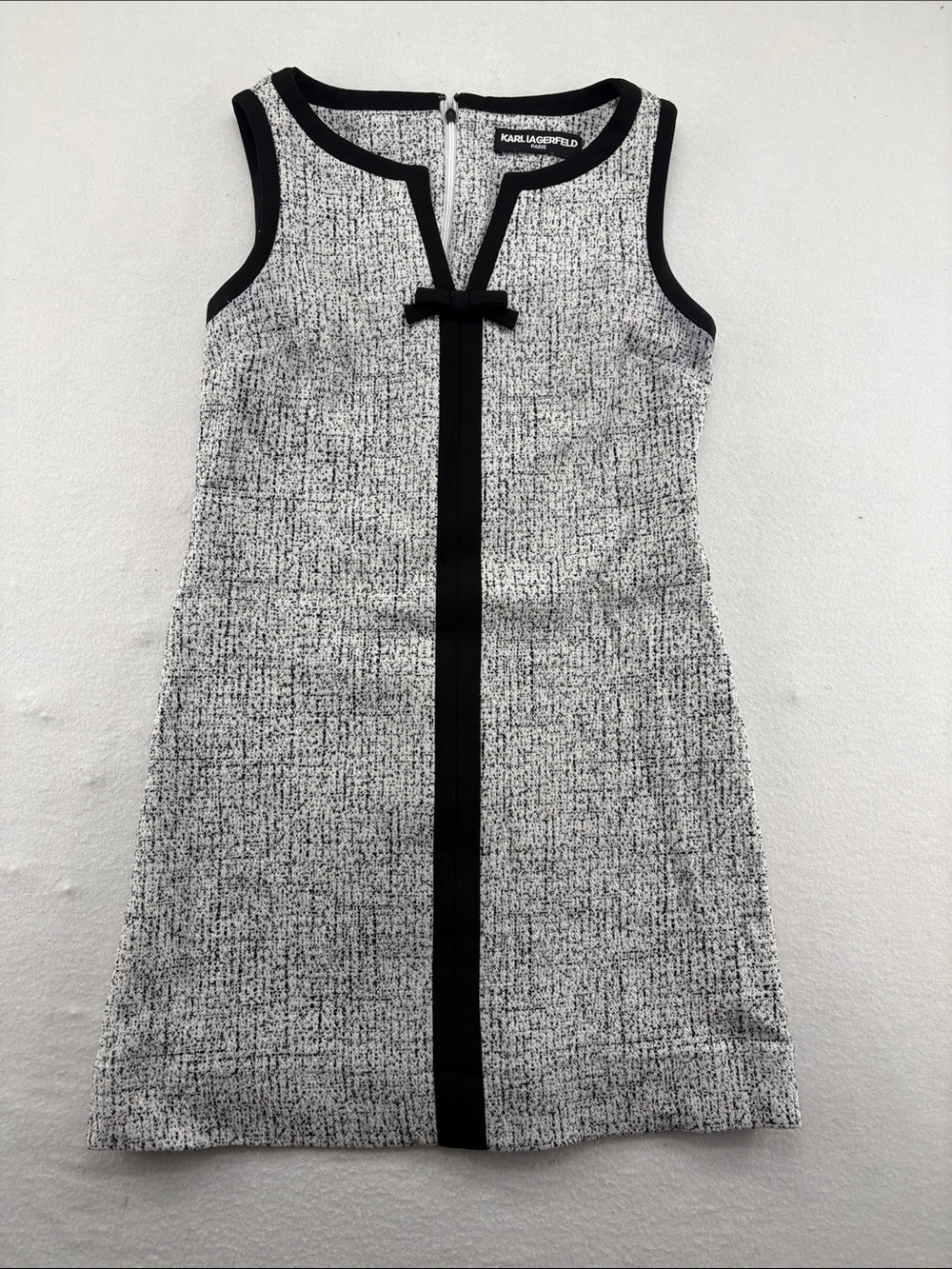 Karl Lagerfeld Black and White Tweed Midi Shift Dress with Bow Trim